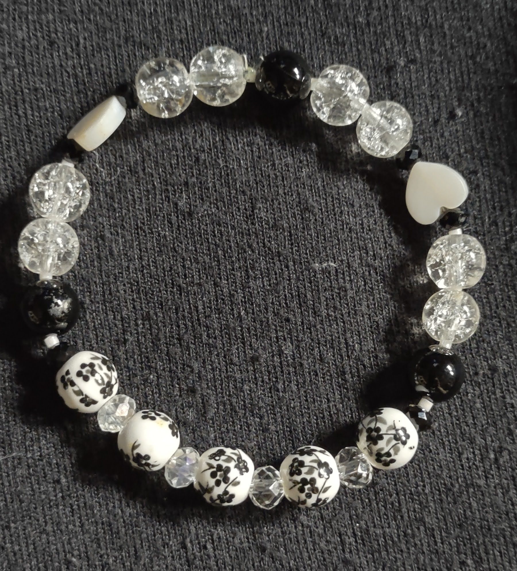 Clear crackle glass with white hearts made from shell